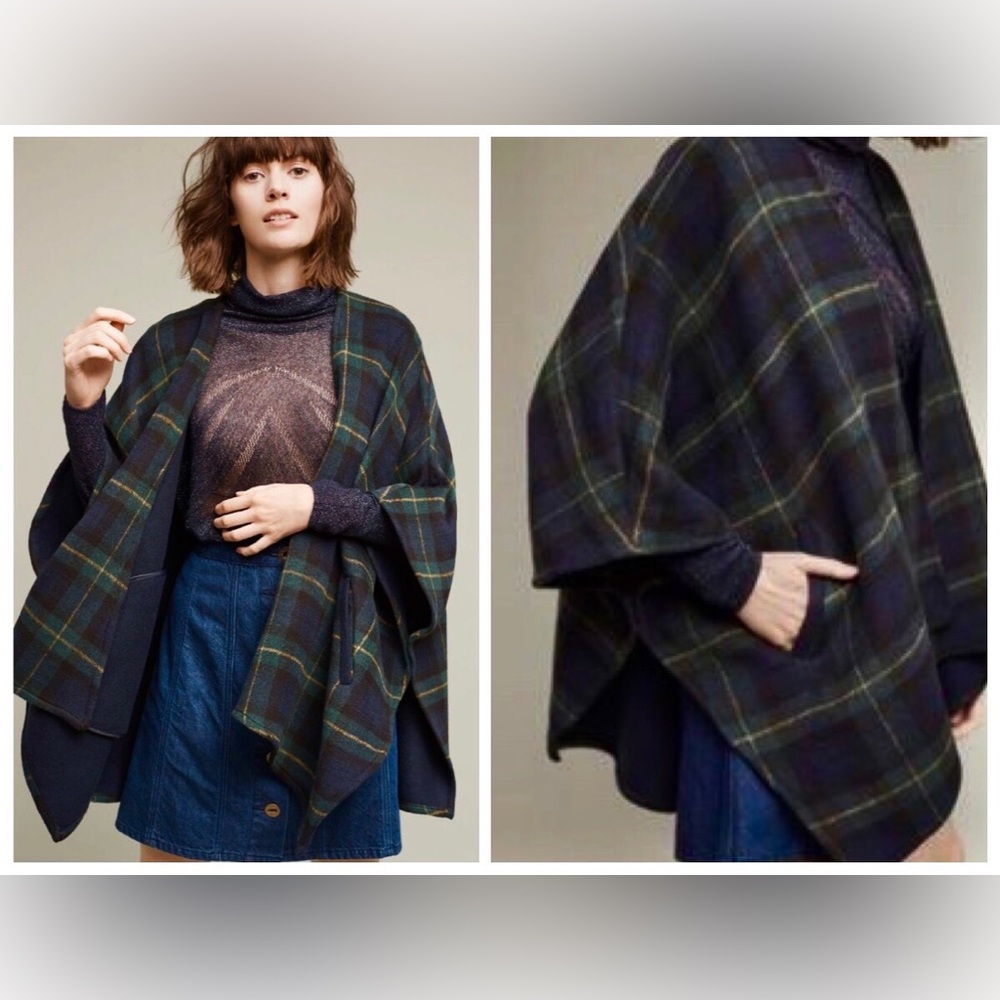 Anthropologie Plaid Cape - Navy and Green